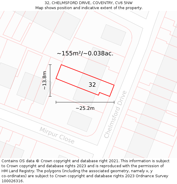 32, CHELMSFORD DRIVE, COVENTRY, CV6 5NW: Plot and title map