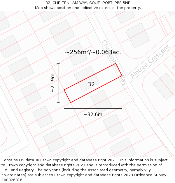 32, CHELTENHAM WAY, SOUTHPORT, PR8 5NP: Plot and title map