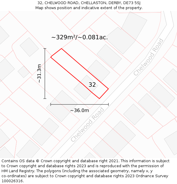 32, CHELWOOD ROAD, CHELLASTON, DERBY, DE73 5SJ: Plot and title map