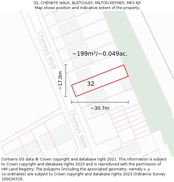 32, CHENEYS WALK, BLETCHLEY, MILTON KEYNES, MK3 6JY: Plot and title map