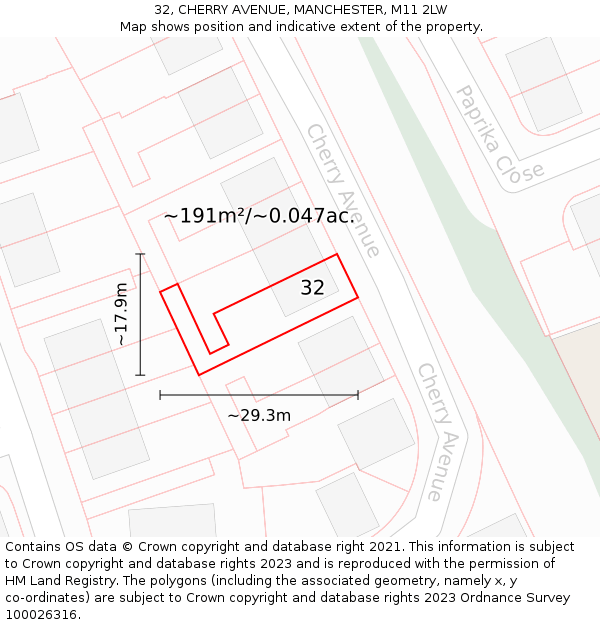 32, CHERRY AVENUE, MANCHESTER, M11 2LW: Plot and title map