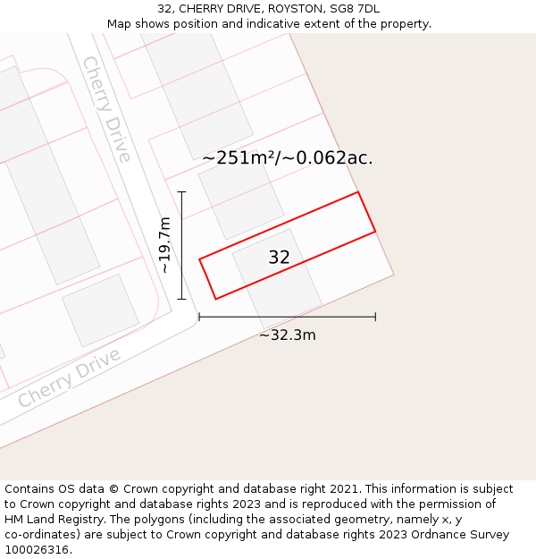 32, CHERRY DRIVE, ROYSTON, SG8 7DL: Plot and title map