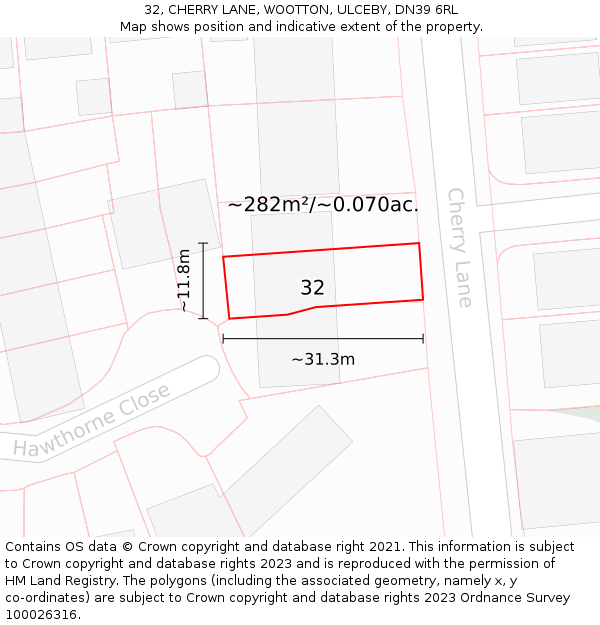 32, CHERRY LANE, WOOTTON, ULCEBY, DN39 6RL: Plot and title map
