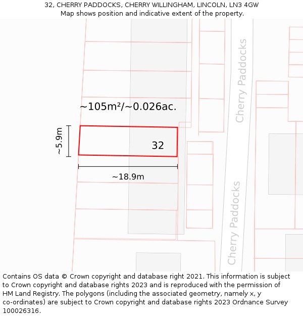 32, CHERRY PADDOCKS, CHERRY WILLINGHAM, LINCOLN, LN3 4GW: Plot and title map
