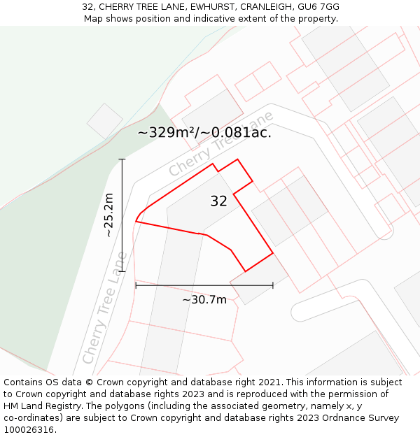 32, CHERRY TREE LANE, EWHURST, CRANLEIGH, GU6 7GG: Plot and title map