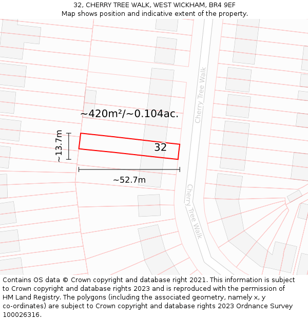 32, CHERRY TREE WALK, WEST WICKHAM, BR4 9EF: Plot and title map
