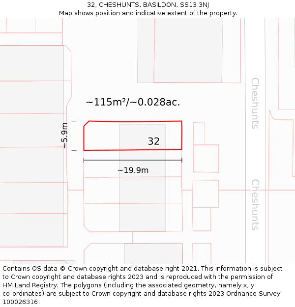 32, CHESHUNTS, BASILDON, SS13 3NJ: Plot and title map