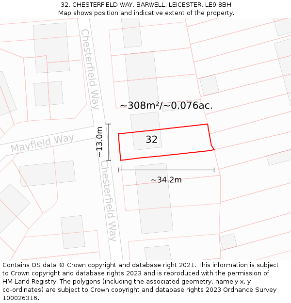32, CHESTERFIELD WAY, BARWELL, LEICESTER, LE9 8BH: Plot and title map