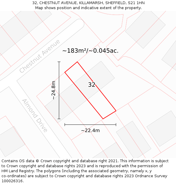 32, CHESTNUT AVENUE, KILLAMARSH, SHEFFIELD, S21 1HN: Plot and title map