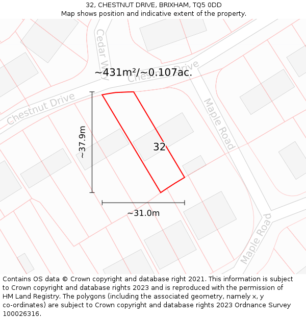 32, CHESTNUT DRIVE, BRIXHAM, TQ5 0DD: Plot and title map