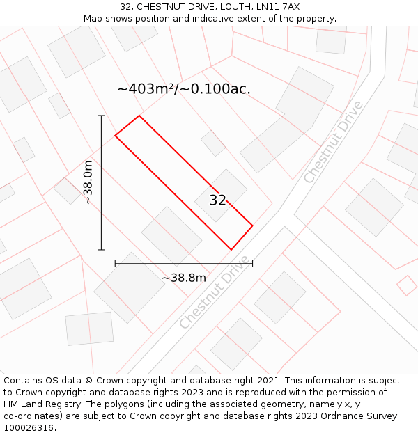 32, CHESTNUT DRIVE, LOUTH, LN11 7AX: Plot and title map