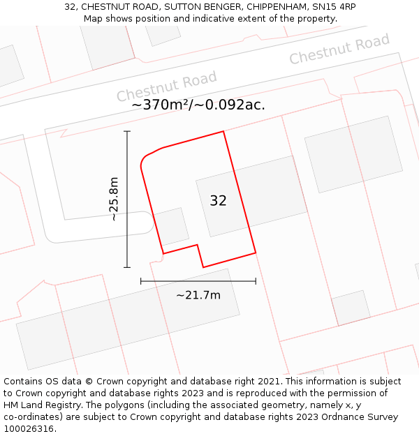 32, CHESTNUT ROAD, SUTTON BENGER, CHIPPENHAM, SN15 4RP: Plot and title map