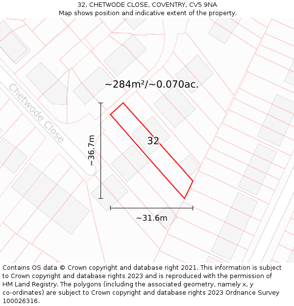 32, CHETWODE CLOSE, COVENTRY, CV5 9NA: Plot and title map