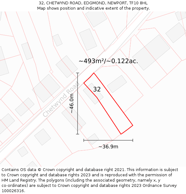 32, CHETWYND ROAD, EDGMOND, NEWPORT, TF10 8HL: Plot and title map