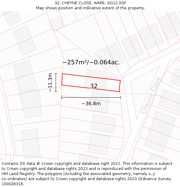 32, CHEYNE CLOSE, WARE, SG12 0QF: Plot and title map