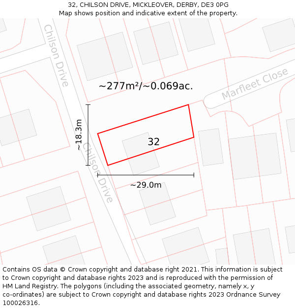 32, CHILSON DRIVE, MICKLEOVER, DERBY, DE3 0PG: Plot and title map