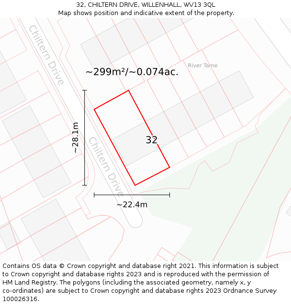 32, CHILTERN DRIVE, WILLENHALL, WV13 3QL: Plot and title map