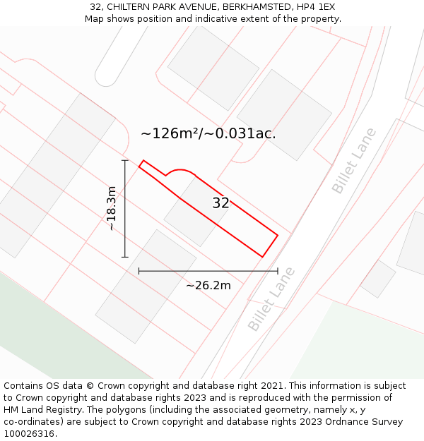 32, CHILTERN PARK AVENUE, BERKHAMSTED, HP4 1EX: Plot and title map