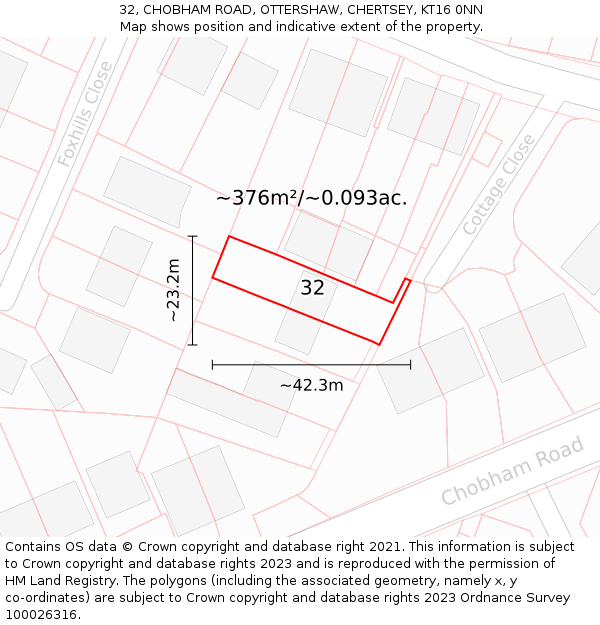 32, CHOBHAM ROAD, OTTERSHAW, CHERTSEY, KT16 0NN: Plot and title map