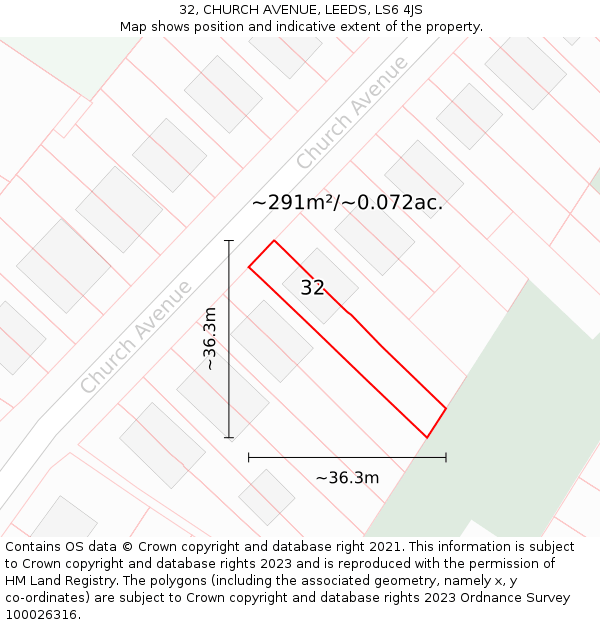 32, CHURCH AVENUE, LEEDS, LS6 4JS: Plot and title map