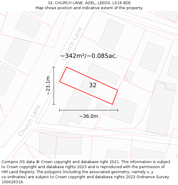 32, CHURCH LANE, ADEL, LEEDS, LS16 8DE: Plot and title map