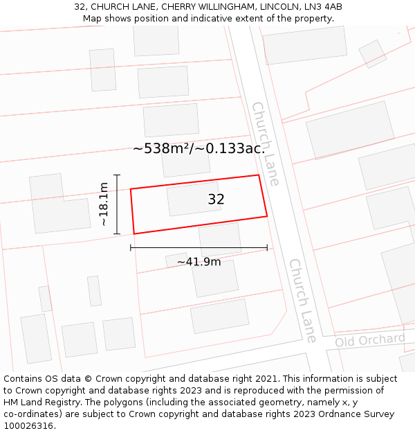 32, CHURCH LANE, CHERRY WILLINGHAM, LINCOLN, LN3 4AB: Plot and title map