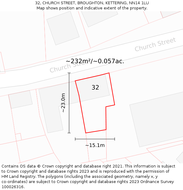 32, CHURCH STREET, BROUGHTON, KETTERING, NN14 1LU: Plot and title map