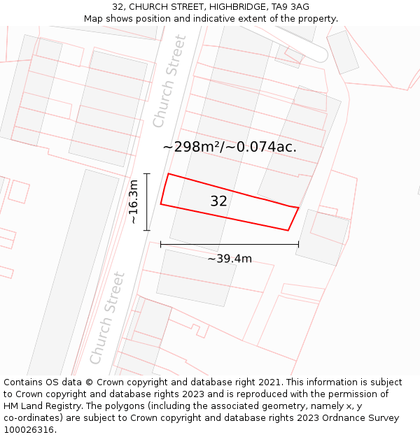 32, CHURCH STREET, HIGHBRIDGE, TA9 3AG: Plot and title map