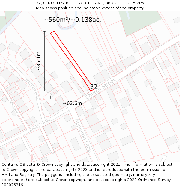 32, CHURCH STREET, NORTH CAVE, BROUGH, HU15 2LW: Plot and title map