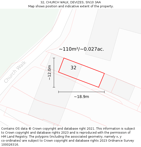 32, CHURCH WALK, DEVIZES, SN10 3AA: Plot and title map