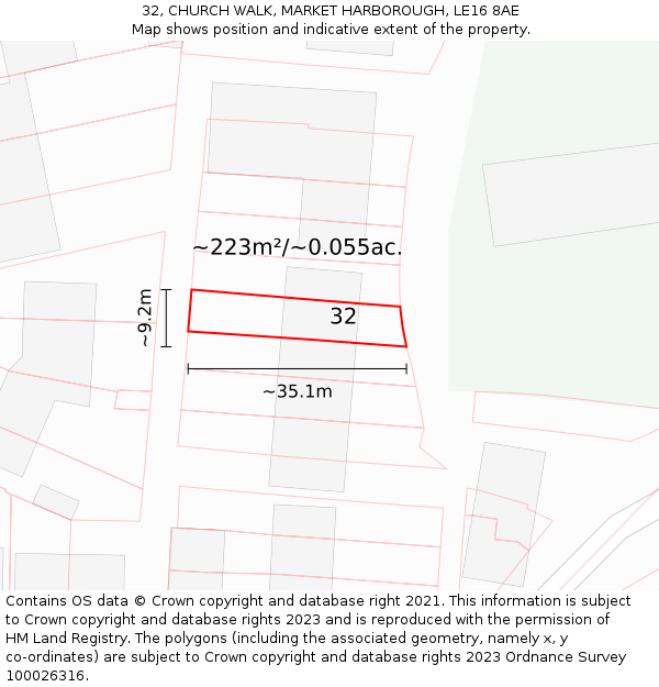 32, CHURCH WALK, MARKET HARBOROUGH, LE16 8AE: Plot and title map