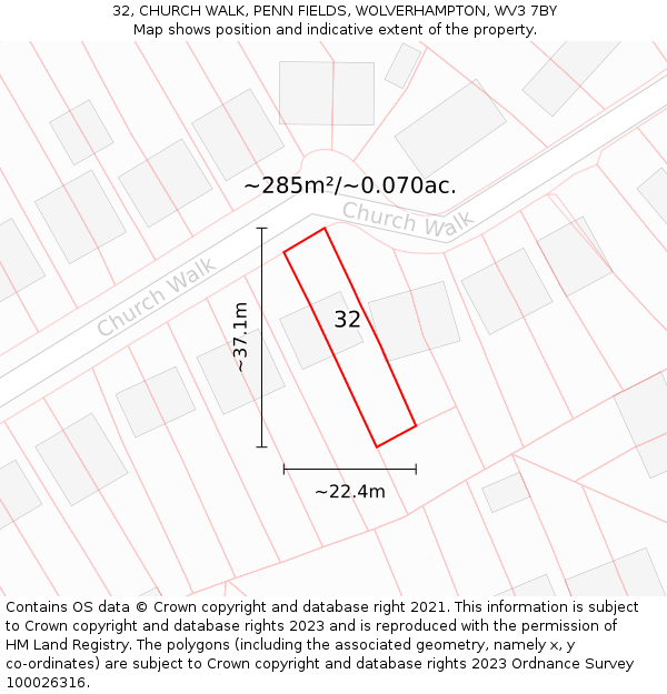 32, CHURCH WALK, PENN FIELDS, WOLVERHAMPTON, WV3 7BY: Plot and title map