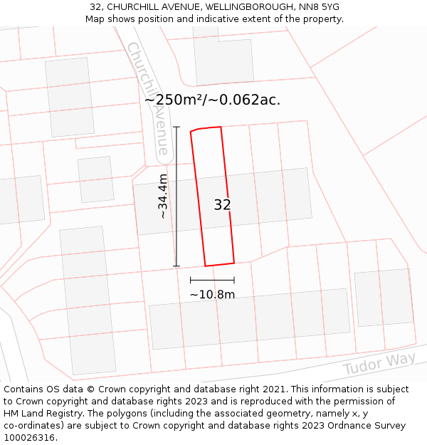 32, CHURCHILL AVENUE, WELLINGBOROUGH, NN8 5YG: Plot and title map