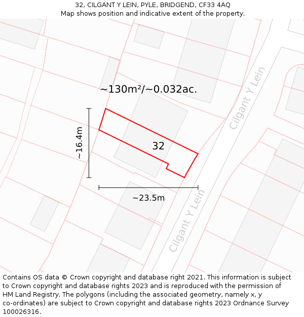 32, CILGANT Y LEIN, PYLE, BRIDGEND, CF33 4AQ: Plot and title map