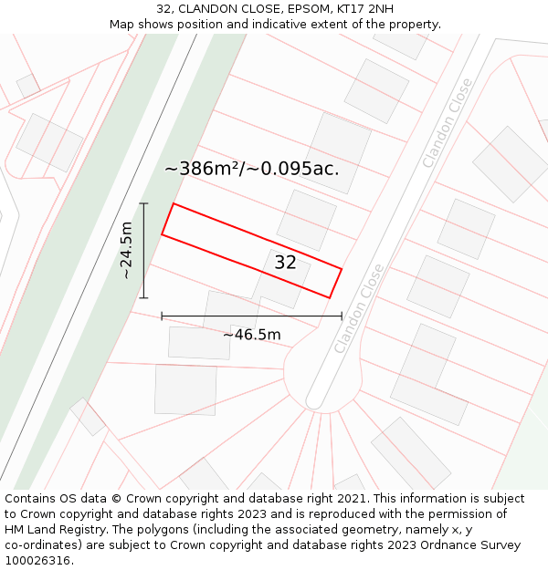 32, CLANDON CLOSE, EPSOM, KT17 2NH: Plot and title map