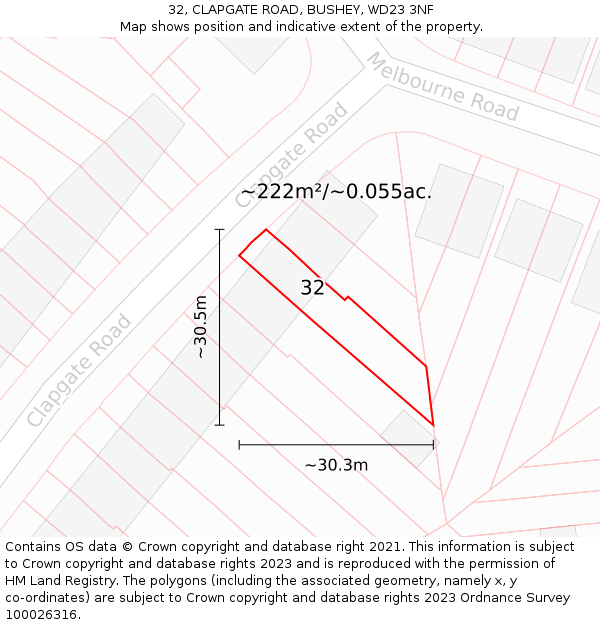 32, CLAPGATE ROAD, BUSHEY, WD23 3NF: Plot and title map