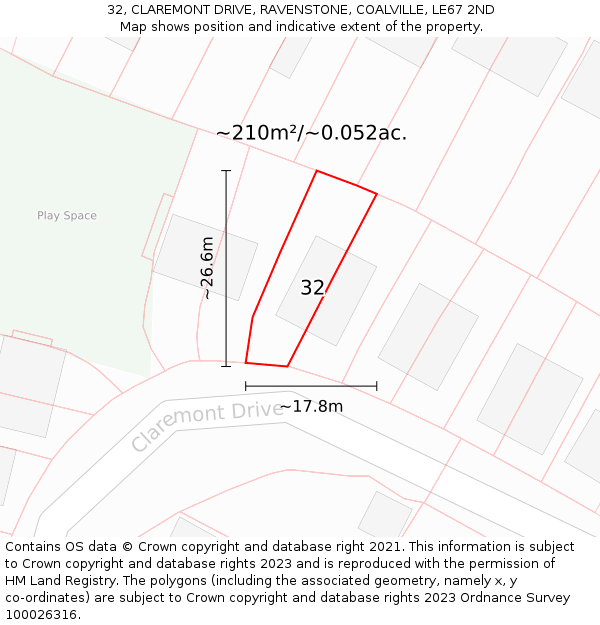 32, CLAREMONT DRIVE, RAVENSTONE, COALVILLE, LE67 2ND: Plot and title map