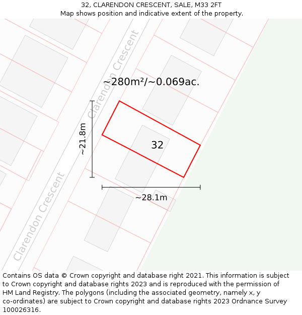 32, CLARENDON CRESCENT, SALE, M33 2FT: Plot and title map
