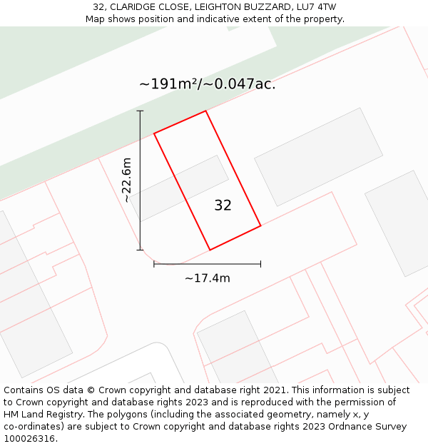 32, CLARIDGE CLOSE, LEIGHTON BUZZARD, LU7 4TW: Plot and title map