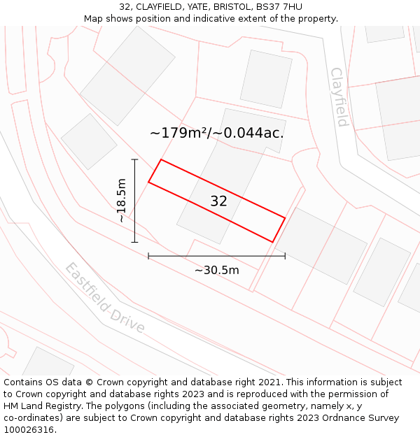32, CLAYFIELD, YATE, BRISTOL, BS37 7HU: Plot and title map