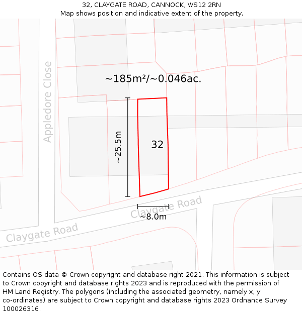 32, CLAYGATE ROAD, CANNOCK, WS12 2RN: Plot and title map
