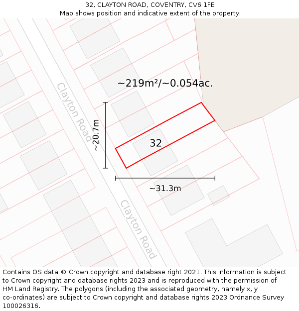32, CLAYTON ROAD, COVENTRY, CV6 1FE: Plot and title map