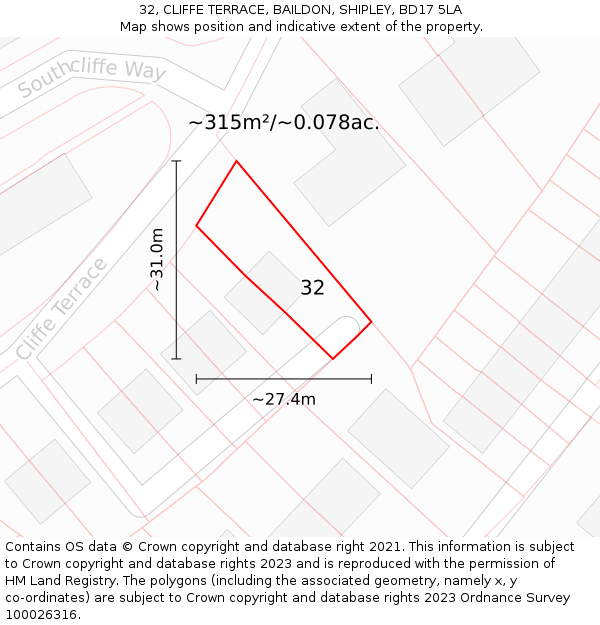 32, CLIFFE TERRACE, BAILDON, SHIPLEY, BD17 5LA: Plot and title map