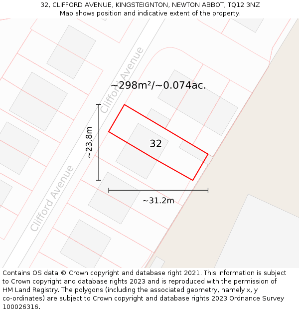 32, CLIFFORD AVENUE, KINGSTEIGNTON, NEWTON ABBOT, TQ12 3NZ: Plot and title map