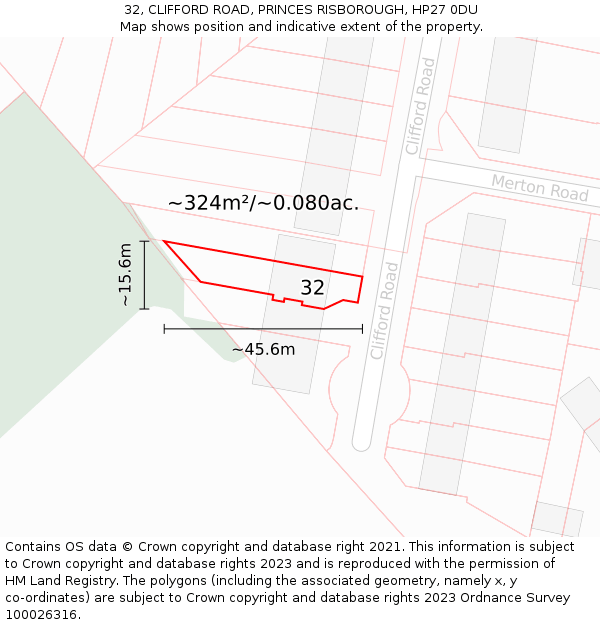 32, CLIFFORD ROAD, PRINCES RISBOROUGH, HP27 0DU: Plot and title map