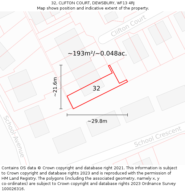 32, CLIFTON COURT, DEWSBURY, WF13 4RJ: Plot and title map