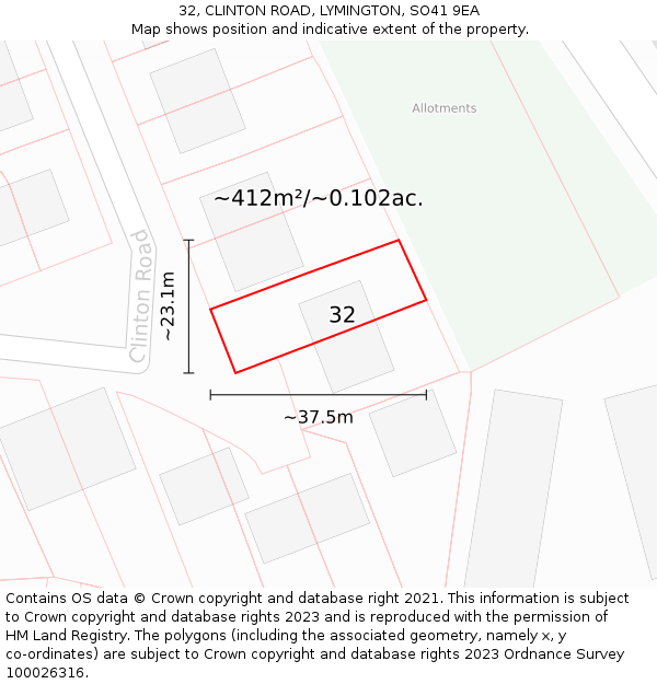 32, CLINTON ROAD, LYMINGTON, SO41 9EA: Plot and title map