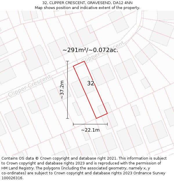 32, CLIPPER CRESCENT, GRAVESEND, DA12 4NN: Plot and title map
