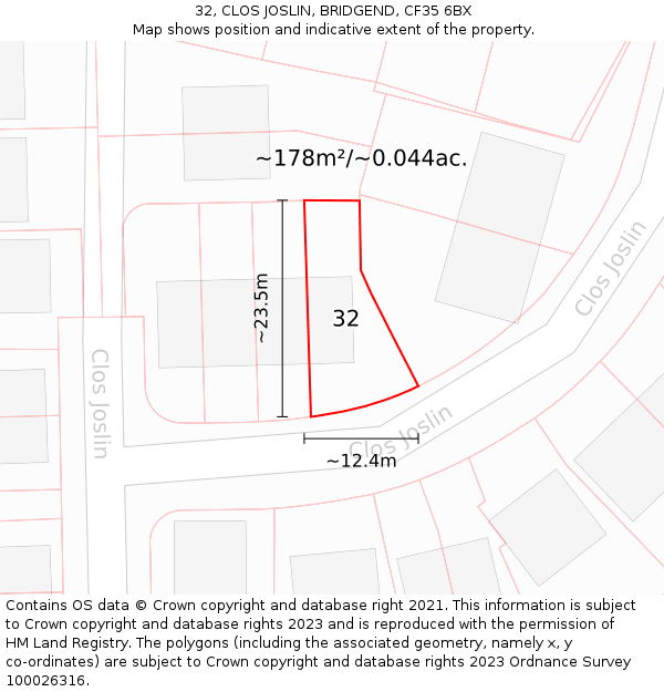 32, CLOS JOSLIN, BRIDGEND, CF35 6BX: Plot and title map