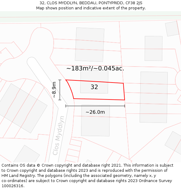 32, CLOS MYDDLYN, BEDDAU, PONTYPRIDD, CF38 2JS: Plot and title map